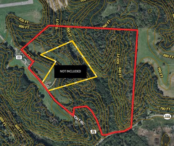 Forest trails and natural features across acreage