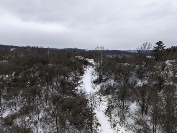 Aerial view of 166 acre hunting and recreational property on Cape Horn Road in Noble County Ohio