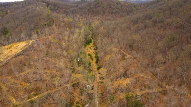 Hunting blind setup overlooking deer funnel