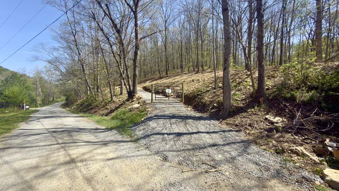 Gated gravel driveway leading into wooded property