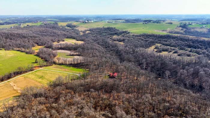 Aerial view of 118-acre property with cabin