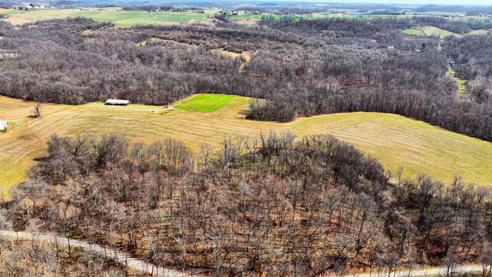 Aerial view of 15.5-acre tract with open field and woods