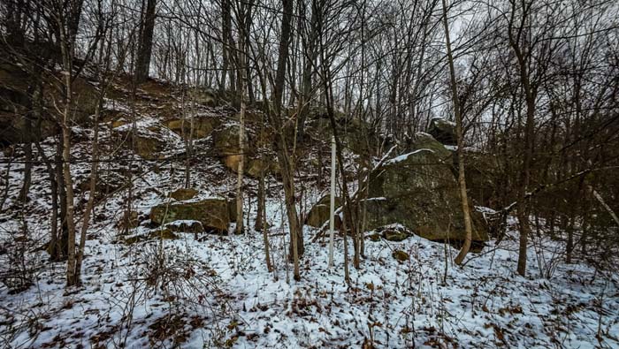 View down trail through hardwoods on prime southeastern Ohio hunting land