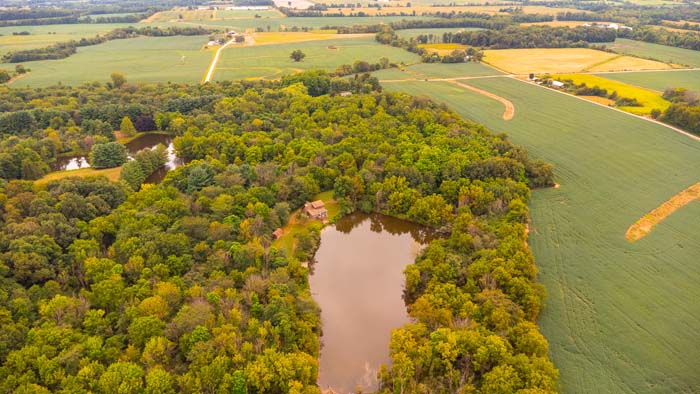 Cabin front porch with wooded backdrop in Ohio