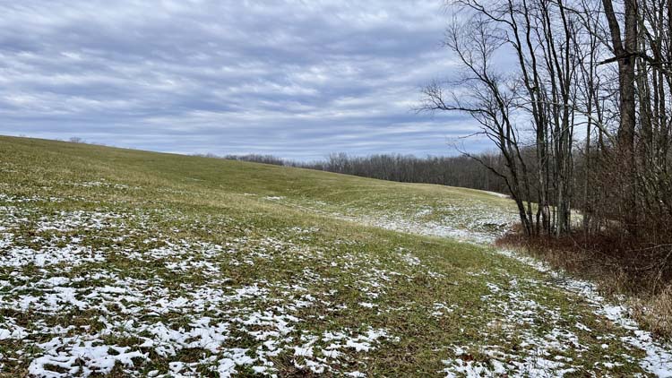 Aerial view of 19.62 acres in Harrison County Ohio with open and wooded areas