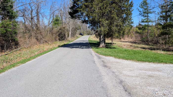 Long gravel driveway leading into property
