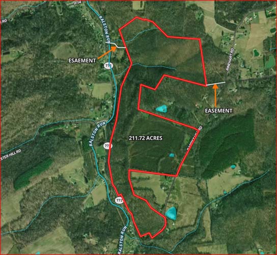 Timberland with access path and natural features